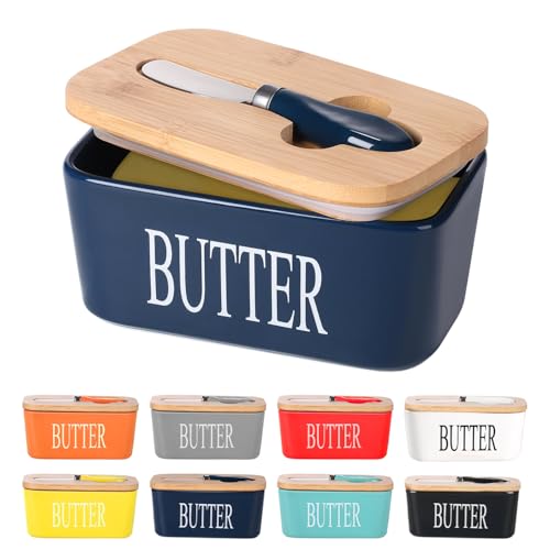Ceramic Butter Dish with Bamboo Lid and Stainless Steel Knife Spreader (Blue)