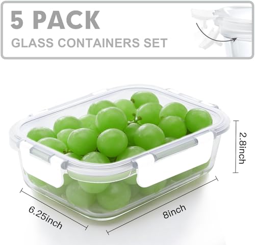 5 PACK 36 OZ Glass Meal Prep Containers Set with Lids (White)