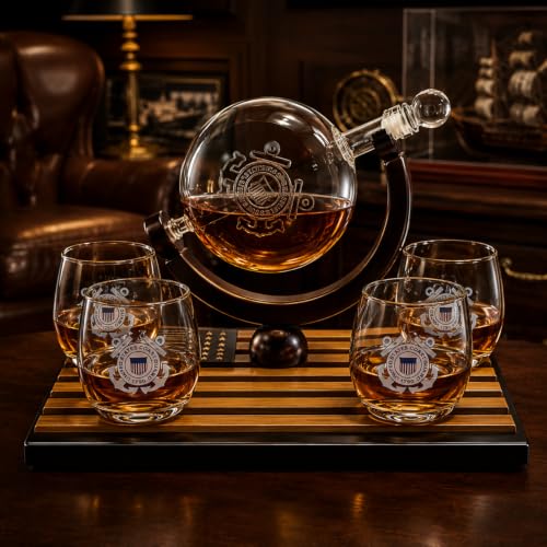 U.S. Coast Guard Globe Whiskey Decanter Set with 4 Liquor Glasses (Coast Guard)