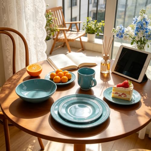 HomeVSS 16 PC Pearl Dots Stoneware Dinnerware Set (Turquoise)