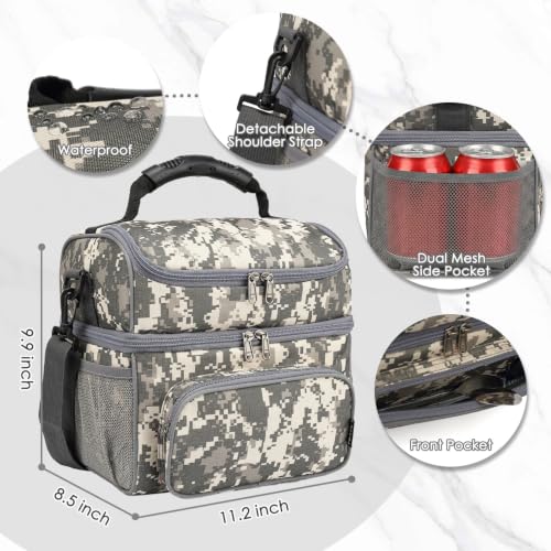 Double Layer Cooler Insulated Lunch Bag Adult Lunch Box Large Tote Bag for Men (Digital Camo)