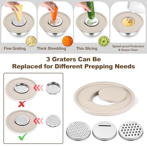 Mixing Bowls Stainless Steel Salad Bowl with Lid & Graters (Khaki)