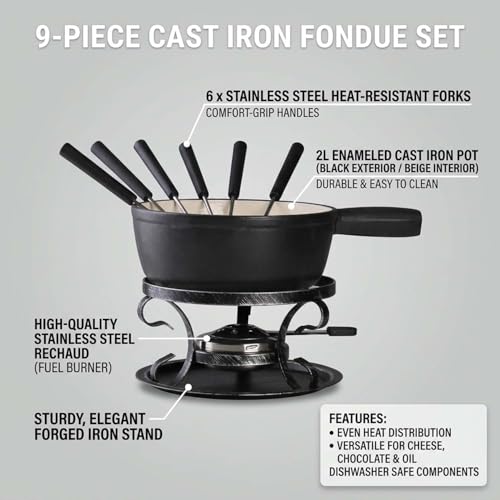 10 Piece Cast Iron Cheese Fondue Pot Set (B.black)