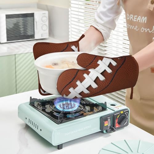 American Football Oven Mitts and Pot Holders Set of 4 Silicone Rugby Leather Lace Fun Traditional Sport Ball Kitchen Mitten Gloves and Potholders Set Heat Resistant Oven Gloves Hot Holders (Brown)