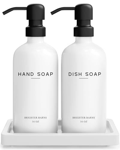 White Glass Hand and Dish Soap Dispenser Set by Brighter Barns (White Hd)