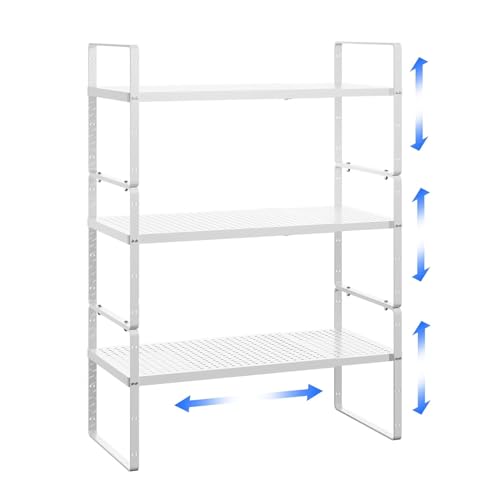 Expandable Cabinet Shelf Organizer Adjustable Metal Spice Rack Stackable Freestanding Counter Storage Shelves for Kitchen Cabinet Under Sink Office Desk (White - 3pack - L16.5-27'' * W8'' * H9.6'')