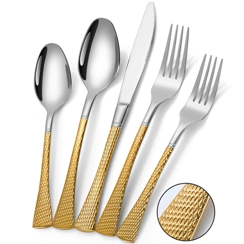 Hammered Silver Gold Silverware Set (Silver Gold / 20 Pieces Set)