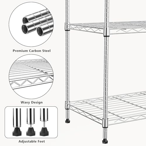 1000 lbs 4Tier Shelf Metal Storage Shelves Wire Rack Closet Organizers with Wheel for Garage Kitchen Bathroom Laundry Chrome 13.7" D x 23.6" W x 53.4" H (4 tiers, 13.7"D x 23.6"W x 53.4"H / Chrome)