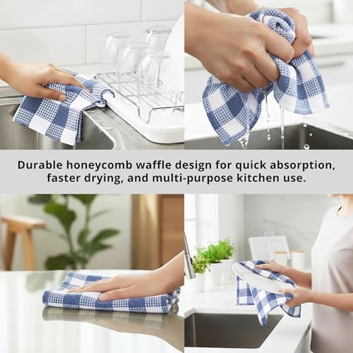 Waffle Weave Plaid Dish Cloth (15 x 25 - 6 Pack / Smoky Blue White)