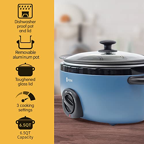 USC-65-OP001BL 6.5 Quart Slow Cooker,Aluminium Sear/Sauté Stew Pot Stovetop safe,Dishwasher Safe,Glass Lid,Adjustable Temp,Food Warmer(Blue) (2-Blue / 6.5 Quarts)