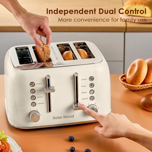 Toaster 4 Slice Retro Stainless Steel with Extra Wide Slots Bagel (Cream White)