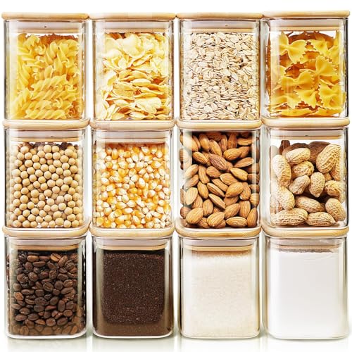 17 oz Square Glass Food Storage Containers with Airtight Bamboo Lids 12Pack (Square 17OZ Set-12Pack)