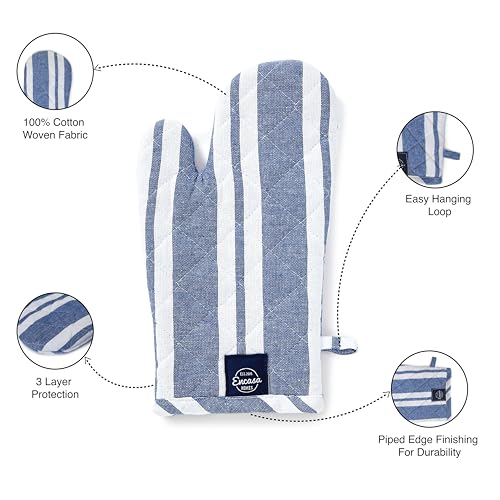 Oven Mitts Heat Resistant Kitchen Gloves (Oven Gloves / Franca Blue Stripes)