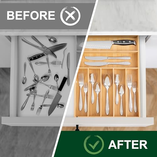 Utensil Organizer 13'' Silverware Drawer Organizer Cutlery Kitchen Bamboo (7 Slots / Natural)