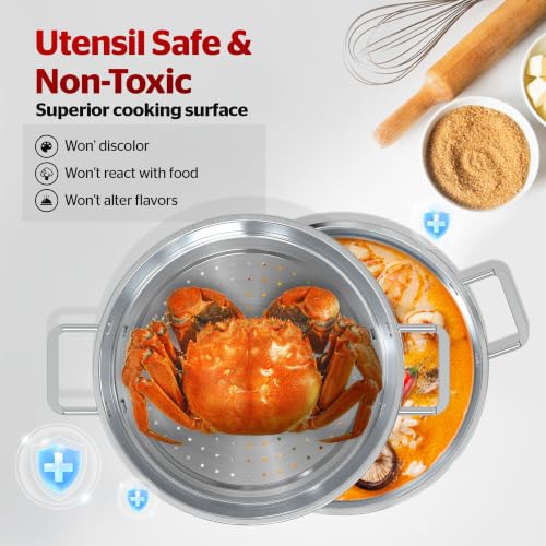 9.3 QT Stainless Steel Steamer Pot for Cooking with Glass Lid (9.3 Quarts)