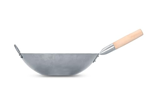 Flat Hand Hammered Carbon Steel Pow Wok with Wooden and Steel Helper Handle (14-inch)