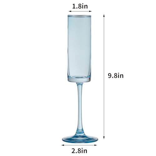 6 Pieces Blue Champagne Flutes 6 OZ Straight Sided Wine Glasses Champagne Long Stem Drinking Colored Glasses (6 Count)