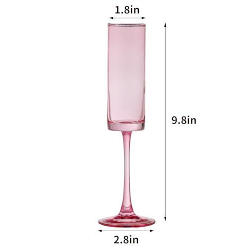 6 Pieces Pink Champagne Flutes 6 OZ Straight Sided Wine Glasses Champagne Long Stem Drinking Colored Glasses (6 Count)