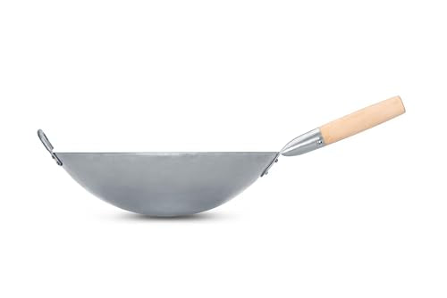 Traditional Hand Hammered Chinese Carbon Steel Wok with Wooden and Steel Helper Handle (14-in)