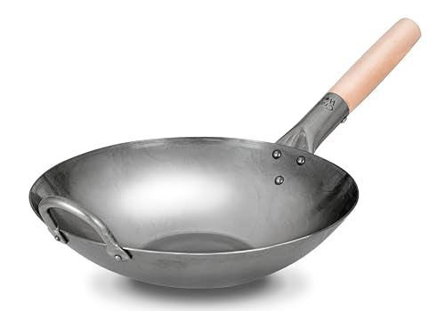 Flat Hand Hammered Carbon Steel Pow Wok with Wooden and Steel Helper Handle (12-inch)