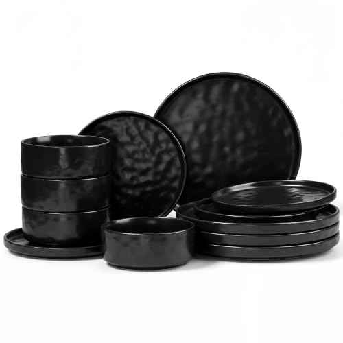 Black Plates and Bowls Sets (12 Count)