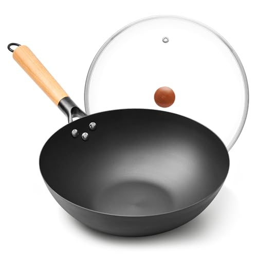 High Purity Iron Carbon Steel Wok with Lid (11.80 inch)