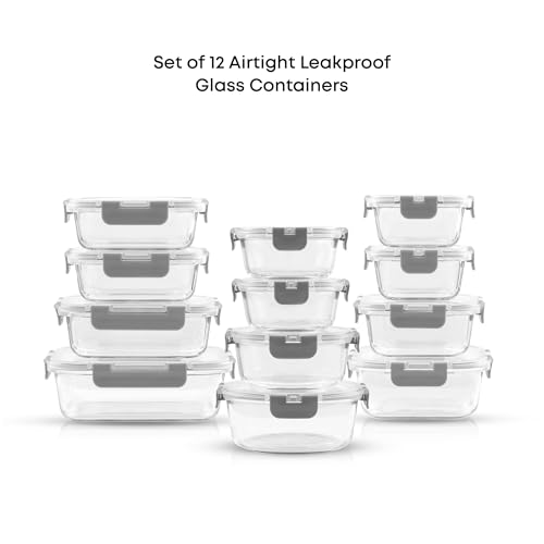 24pc Borosilicate Glass Storage Containers with Lids (Color Grey)