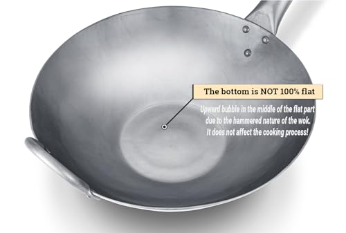 Flat Hand Hammered Carbon Steel Pow Wok with Wooden and Steel Helper Handle (12-inch)