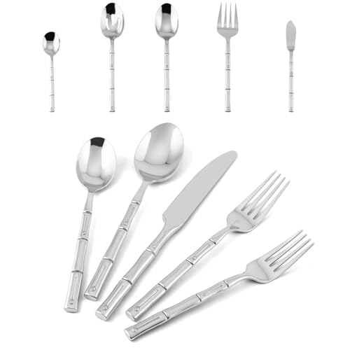 Flatware Serving Set Silverware Set Stainless Steel Cutlery Set Bamboo Pattern Mirror Finished 45 Pieces Party Event Use Wedding Housewarming Gift Service for 8