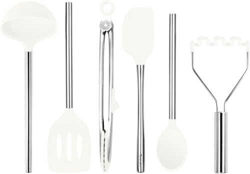 Silicone Cooking Utensil Set of 6 Stainless Steel Handle Ladle Slotted Turner Tongs Flex Core Spatula Scraper Mixing Spoon & Potato Masher (White)