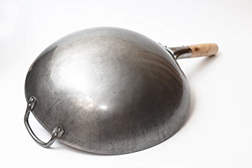 Traditional Hand Hammered Chinese Carbon Steel Wok with Wooden and Steel Helper Handle (14-in)
