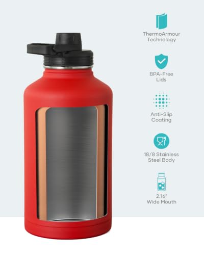 Half Gallon Water Jug Insulated Stainless Steel (64 Ounces / Red)