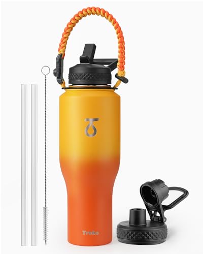 40 oz Water Bottle Insulated Fit in Any Car Cup Holder with 2 Lids (40 Ounces / Orange)