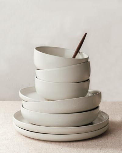 Milkyway 24 Piece Stoneware Dinnerware Set with Pasta Bowls (Matte Beige White / Service for 6 (Include Pasta Bowls))