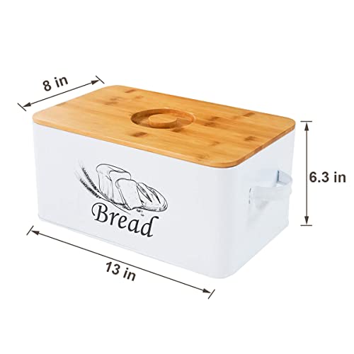 Bread Box with 3pcs Jars Coffee Sugar Tea for Kitchen Countertop White Metal Bread Box with Bamboo Board Cover Pastry Storage Container Set Kitchen decor (White Box)