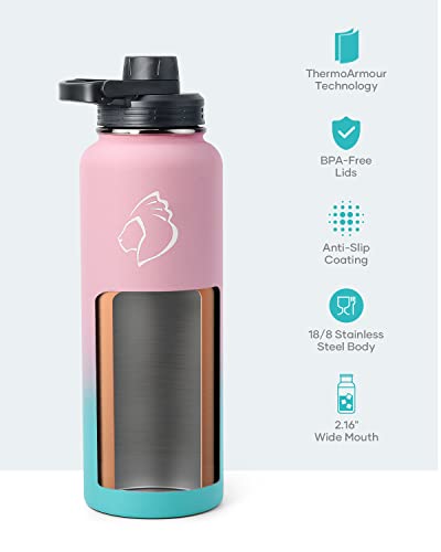 40oz Insulated Stainless Steel Water Bottle with Straw & 3 Lids (40 Ounces / Bubble Gum)