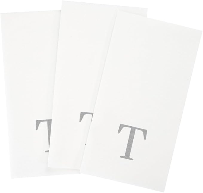 Luxenap 15.8 X 7.9 Inch Linen-Feel Guest Towels, 50 Lettered Hand Towels - Silver Letter 'T', Sans Serif Font, White Paper Dinner Napkins, airlaid, For Restrooms And Tables - Restaurantware