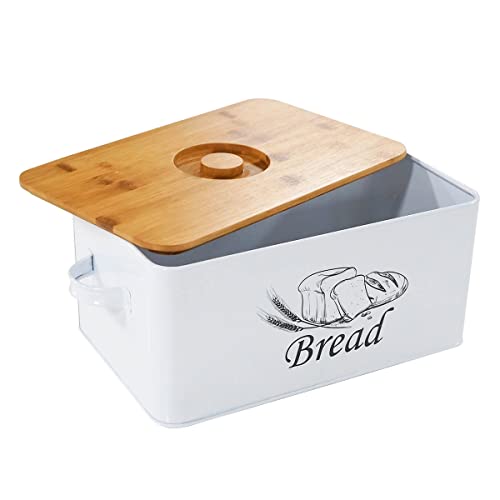 Bread Box with 3pcs Jars Coffee Sugar Tea for Kitchen Countertop White Metal Bread Box with Bamboo Board Cover Pastry Storage Container Set Kitchen decor (White Box)