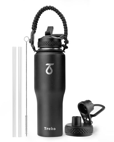 32 oz Water Bottle Insulated Fits in Any Car Cup Holder with 2 Lids (32 Ounces / Black)
