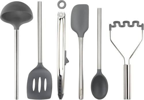 Silicone Cooking Utensil Set of 6 Stainless Steel Handle Ladle Slotted Turner Tongs Flex Core Spatula Scraper Mixing Spoon & Potato Masher (Charcoal)