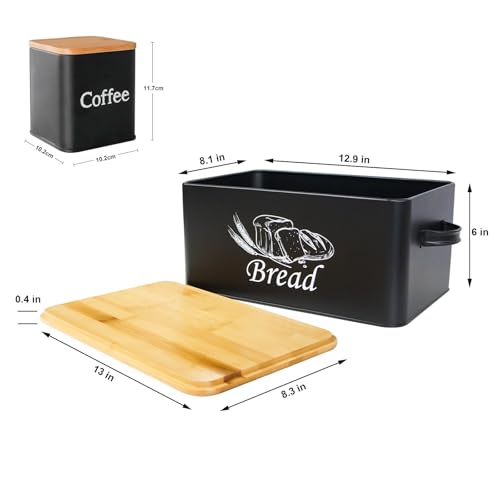 Bread Box with 3pcs Jars Coffee Sugar Tea for Kitchen Countertop White Metal Bread Box with Bamboo Board Cover Pastry Storage Container Set Kitchen decor (Bread Box-1)