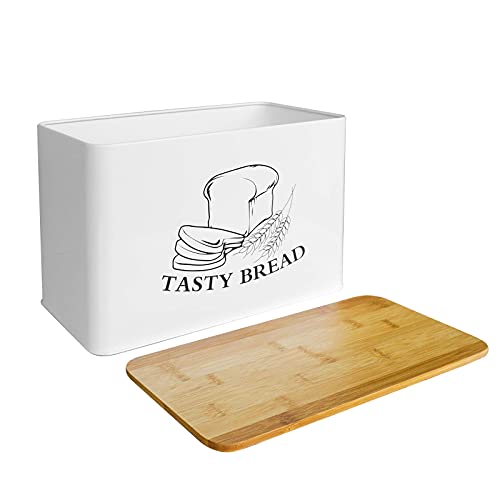 Bread Box for Kitchen Countertop White Metal Bread Box with Bamboo Board Cover Pastry Storage Container Set Kitchen decor (US-Bamboo White Box)