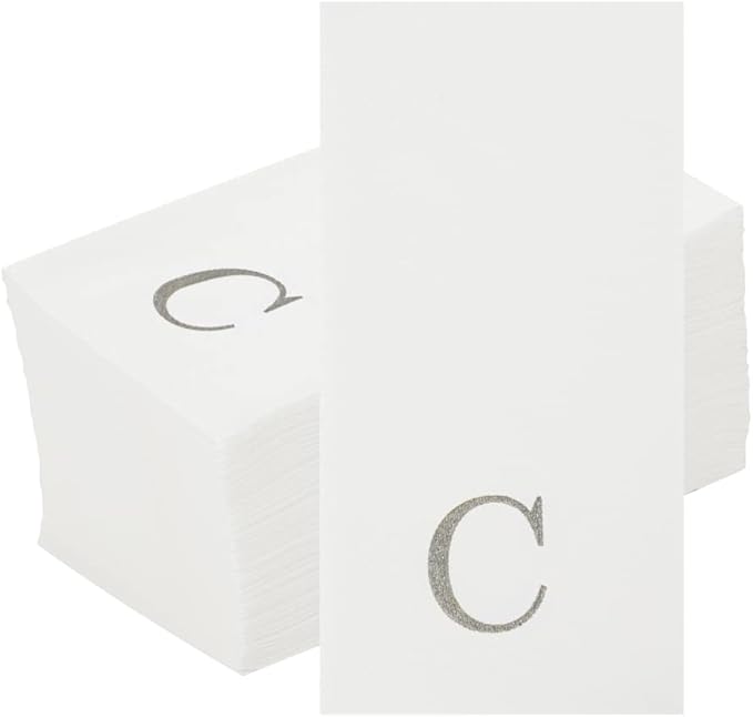 Luxenap 15.8 X 7.9 Inch Linen-Feel Guest Towels, 50 Lettered Hand Towels - Silver Letter 'C', Sans Serif Font, White Paper Dinner Napkins, airlaid, For Restrooms And Tables - Restaurantware