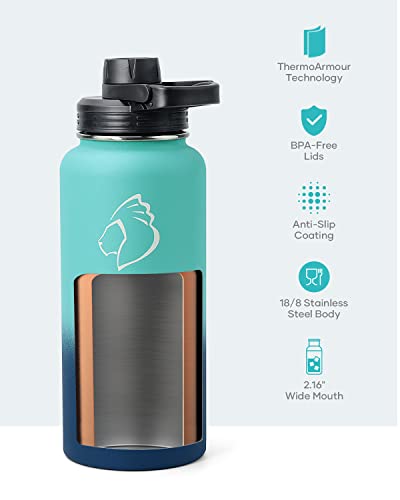 32 oz Water Bottle Insulated with Straw & 3 Lids (32 Ounces / Caribbean Blue)