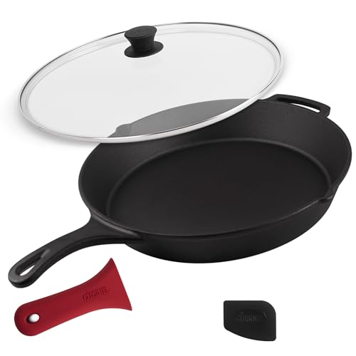 15" Cast Iron Skillet + Glass Lid Cover + Pan Scraper + Heat (15")