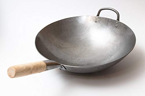 Traditional Hand Hammered Chinese Carbon Steel Wok with Wooden and Steel Helper Handle (14-in)