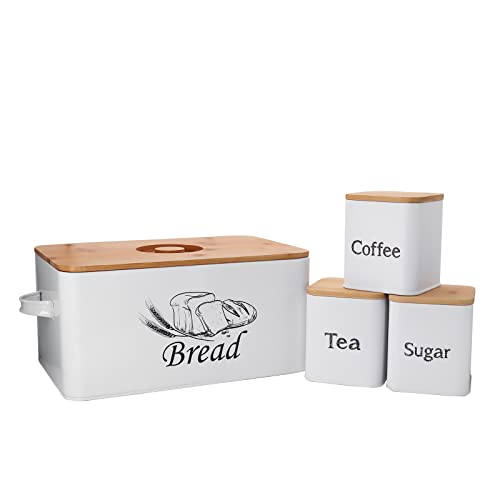 Bread Box with 3pcs Jars Coffee Sugar Tea for Kitchen Countertop White Metal Bread Box with Bamboo Board Cover Pastry Storage Container Set Kitchen decor (White Bread Box Set)