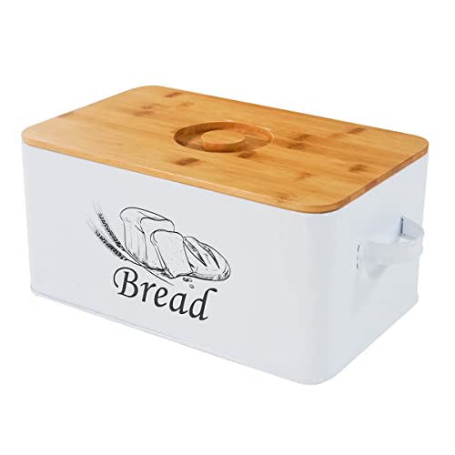 Bread Box with 3pcs Jars Coffee Sugar Tea for Kitchen Countertop White Metal Bread Box with Bamboo Board Cover Pastry Storage Container Set Kitchen decor (White Box)
