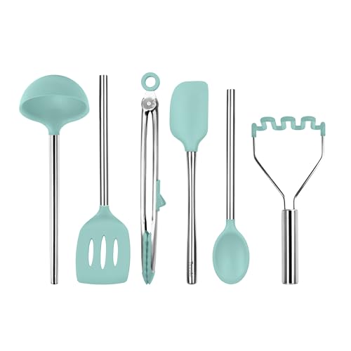 Silicone Cooking Utensil Set of 6 Stainless Steel Handle Ladle Slotted Turner Tongs Flex Core Spatula Scraper Mixing Spoon & Masher (Aqua)