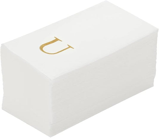 Luxenap 15.8 X 7.9 Inch Linen-Feel Guest Towels, 2000 Lettered Hand Towels - Gold Letter 'U', Sans Serif Font, White Paper Dinner Napkins, airlaid, For Restrooms And Tables